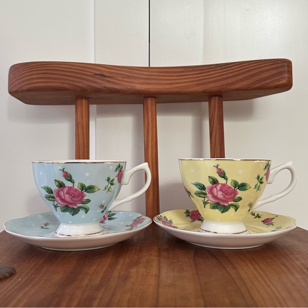 Set of 2 BTaT Floral Tea Cup and Saucer Blue Yellow